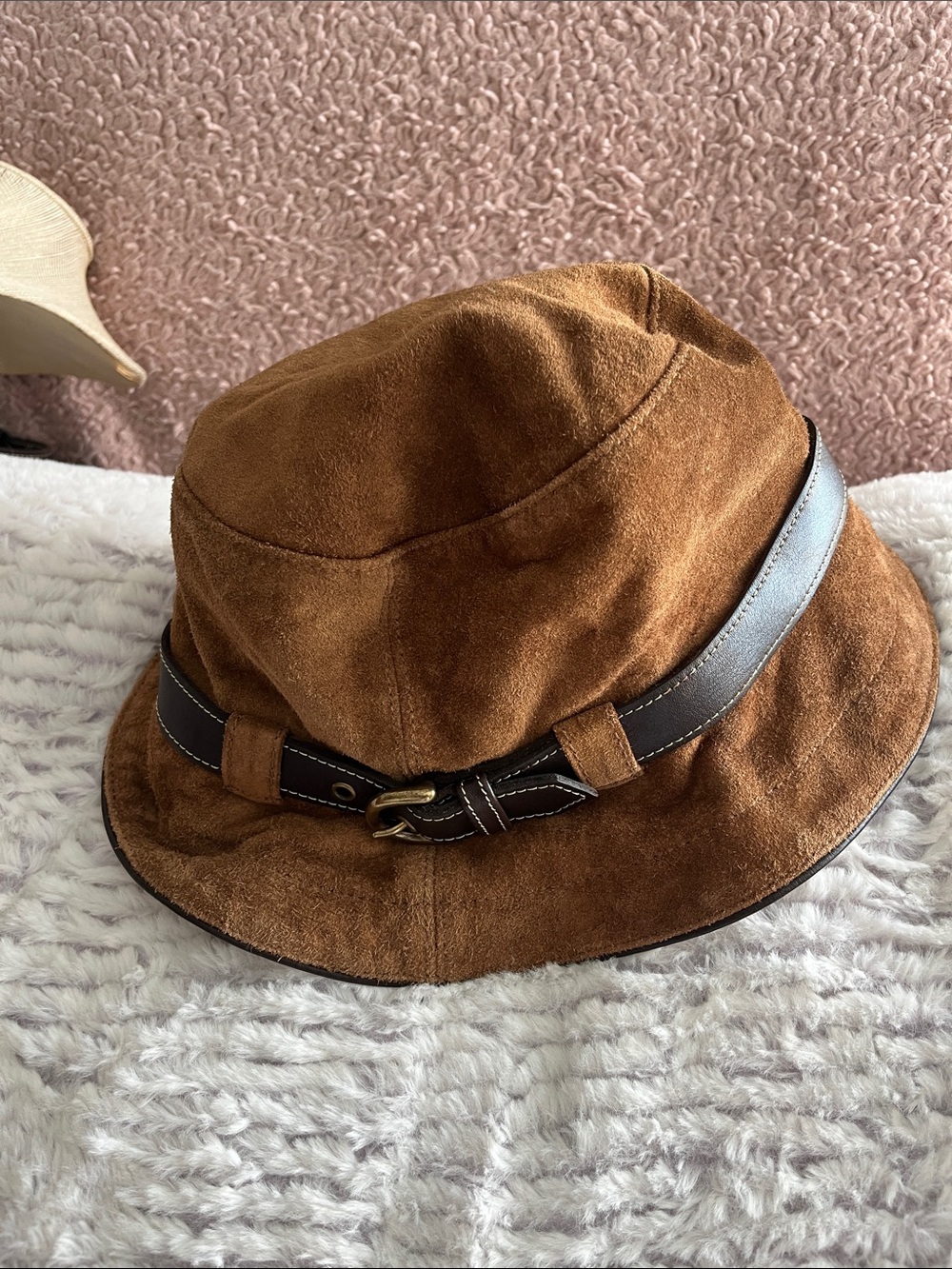 Coach Brown Suede Bucket Hat with Dark Brown Leather Band